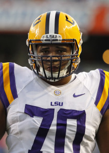 Oct 11, 2014; Gainesville, FL, USA; LSU Tigers offensive tackle La'el Collins (70) works out prior to the game against the Florida Gators at Ben Hill Griffin Stadium. Mandatory Credit: Kim Klement-USA TODAY Sports