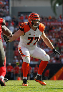 Nov 30, 2014; Tampa, FL, USA; Cincinnati Bengals tackle Andrew Whitworth (77) blocks against the Tampa Bay Buccaneers during the second quarter at Raymond James Stadium. Mandatory Credit: Kim Klement-USA TODAY Sports