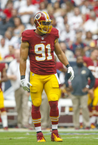 Sep 7, 2014; Houston, TX, USA; Washington Redskins outside linebacker Ryan Kerrigan (91) during the game against the Houston Texans at NRG Stadium. Mandatory Credit: Kevin Jairaj-USA TODAY Sports