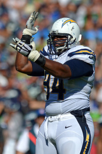 Sep 14, 2014; San Diego, CA, USA; San Diego Chargers defensive end Corey Liuget (94) gestures during the fourth quarter against the Seattle Seahawks at Qualcomm Stadium. Mandatory Credit: Jake Roth-USA TODAY Sports