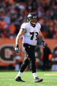 Oct 26, 2014; Cincinnati, OH, USA; Baltimore Ravens guard Marshal Yanda (73) against the Cincinnati Bengals at Paul Brown Stadium. Bengals defeated the Ravens 27-24. Mandatory Credit: Andrew Weber-USA TODAY Sports