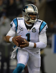 Jan 10, 2015; Seattle, WA, USA; Carolina Panthers quarterback Cam Newton (1) against the Seattle Seahawks in the 2014 NFC Divisional playoff football game at CenturyLink Field.The Seahawks defeated the Panthers 31-17. Mandatory Credit: Kirby Lee-USA TODAY Sports